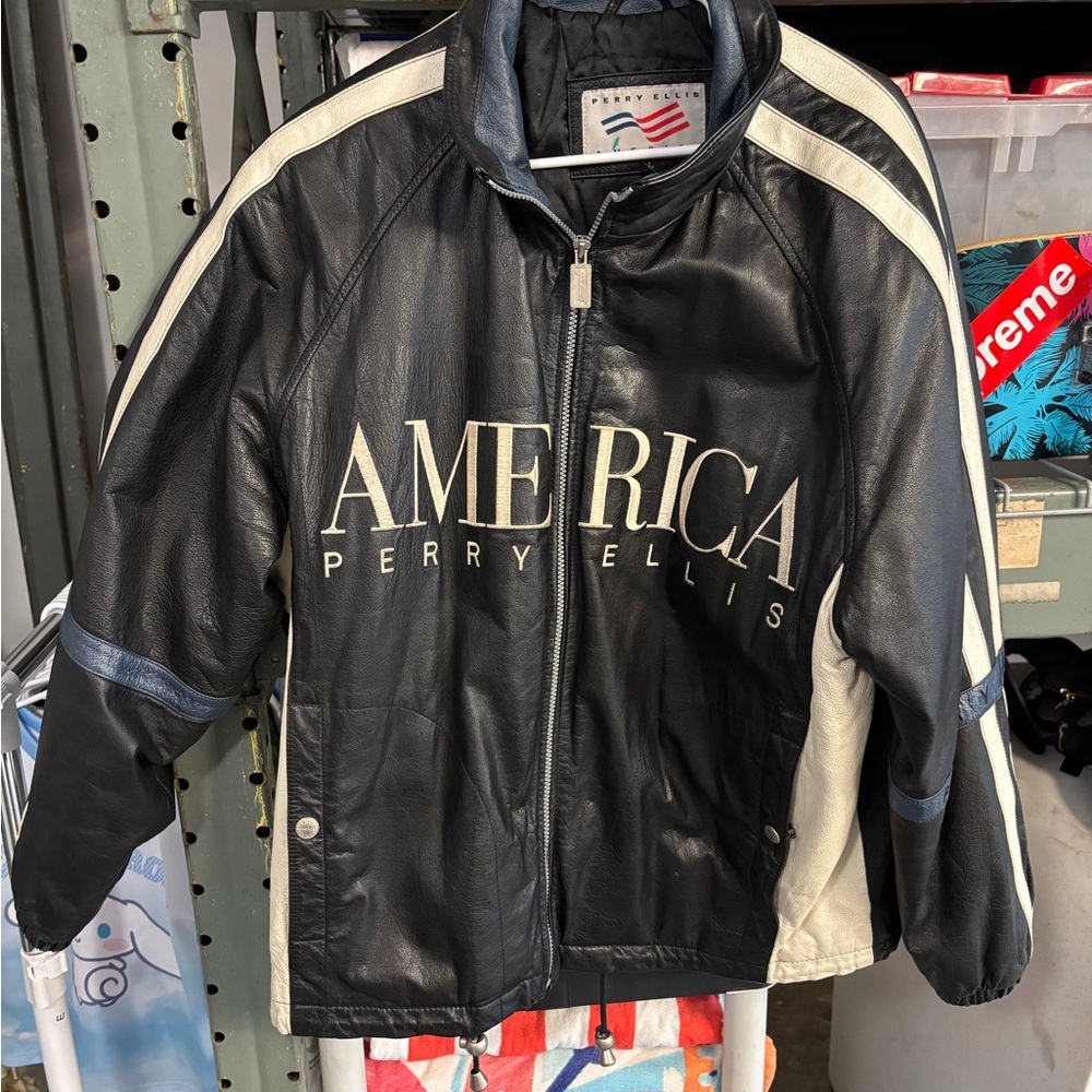 Perry Ellis Black and Cream 'America' Leather Varsity Jacket